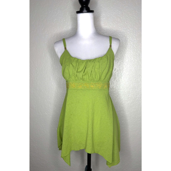 Lena Tops - Y2K Fairy Lena Jeans Babydoll Tank Top Sz M Bead Green Floral Asymmetrical Strap